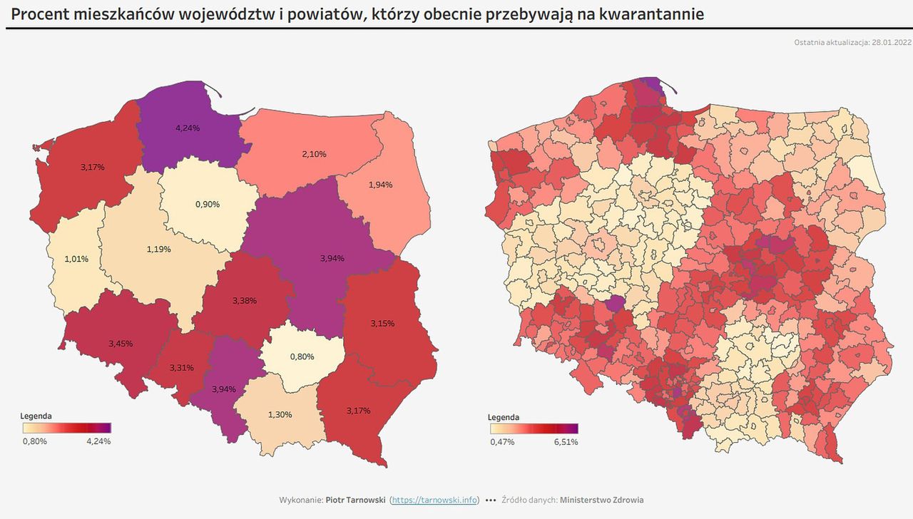 Odsetek mieszkańców kierowanych na kwarantannę w poszczególnych województwach i powiatach