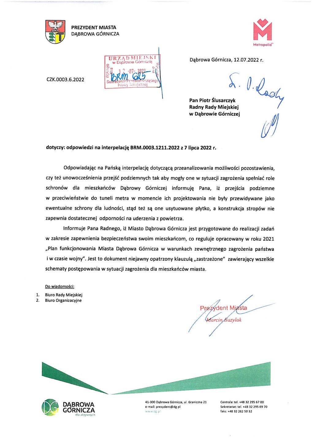 Odpowiedź prezydenta Dąbrowy Górniczej na interpelację, dotyczącą przejść podziemnych w mieście. Jest dostępna w miejskim Biuletynie Informacji Publicznej. Ale trzeba jej długo szukać