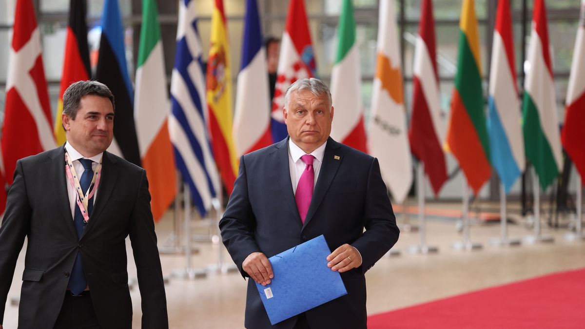 BRUSSELS, BELGIUM - MAY 30: Prime Minister of Hungary Victor Orban speaks to media as he arrives for the first day of a special meeting of the European Council at The European Council Building in Brussels on May 30, 2022. (Photo by Dursun Aydemir/Anadolu Agency via Getty Images)