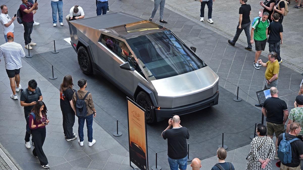 BERLIN, GERMANY - MAY 02: An aerial view of a Tesla Cybertruck Odyssey displayed as the tour starts at Mall of Berlin on May 2, 2024 in Berlin, Germany. (Photo by Tristar Media/Getty Images)