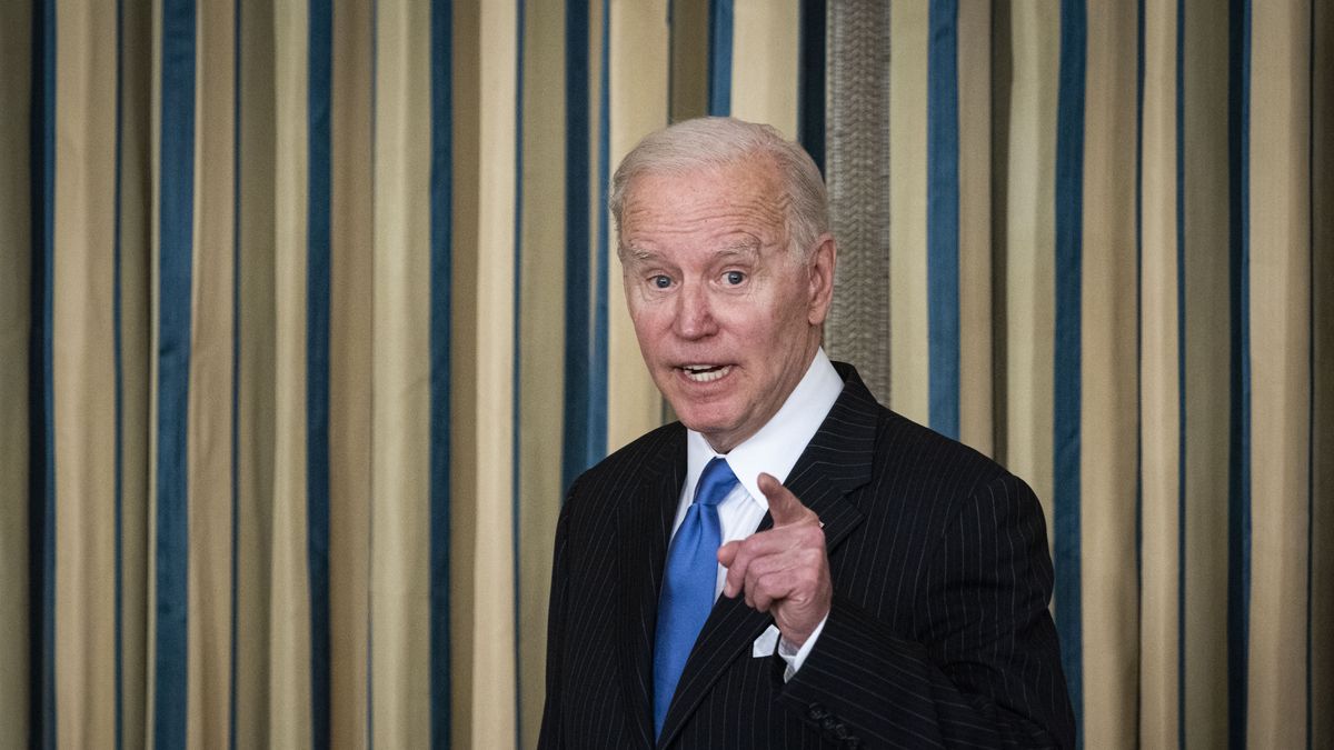 U.S. President Joe Biden speaks with members of the media while departing from a signing event for H.R. 3076, the Postal Service Reform Act of 2022, in the State Dining Room of the White House in Washington, D.C., U.S., on Wednesday, April 6, 2022. The Senate last month cleared the bill to address the U.S. Postal Service's longstanding balance-sheet woes, which include more than $90 billion in losses over 15 years. Photographer: Al Drago/Bloomberg via Getty Images