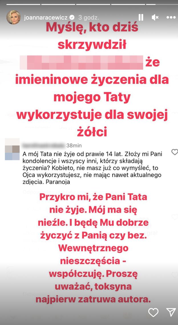 Joanna Racewicz ROZPRAWIA się z hejterką po publikacji życzeń dla taty: "Proszę uważać, TOKSYNA najpierw zatruwa autora"