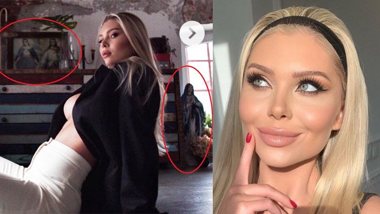 Martyna Kondratowicz pozuje na tle obrazu z Jezusem i Maryją