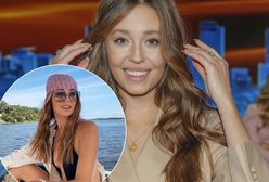 Izabella Krzan w stroju kąpielowym. Dekolt do pasa odsłonił sporo ciała, musiała uważać