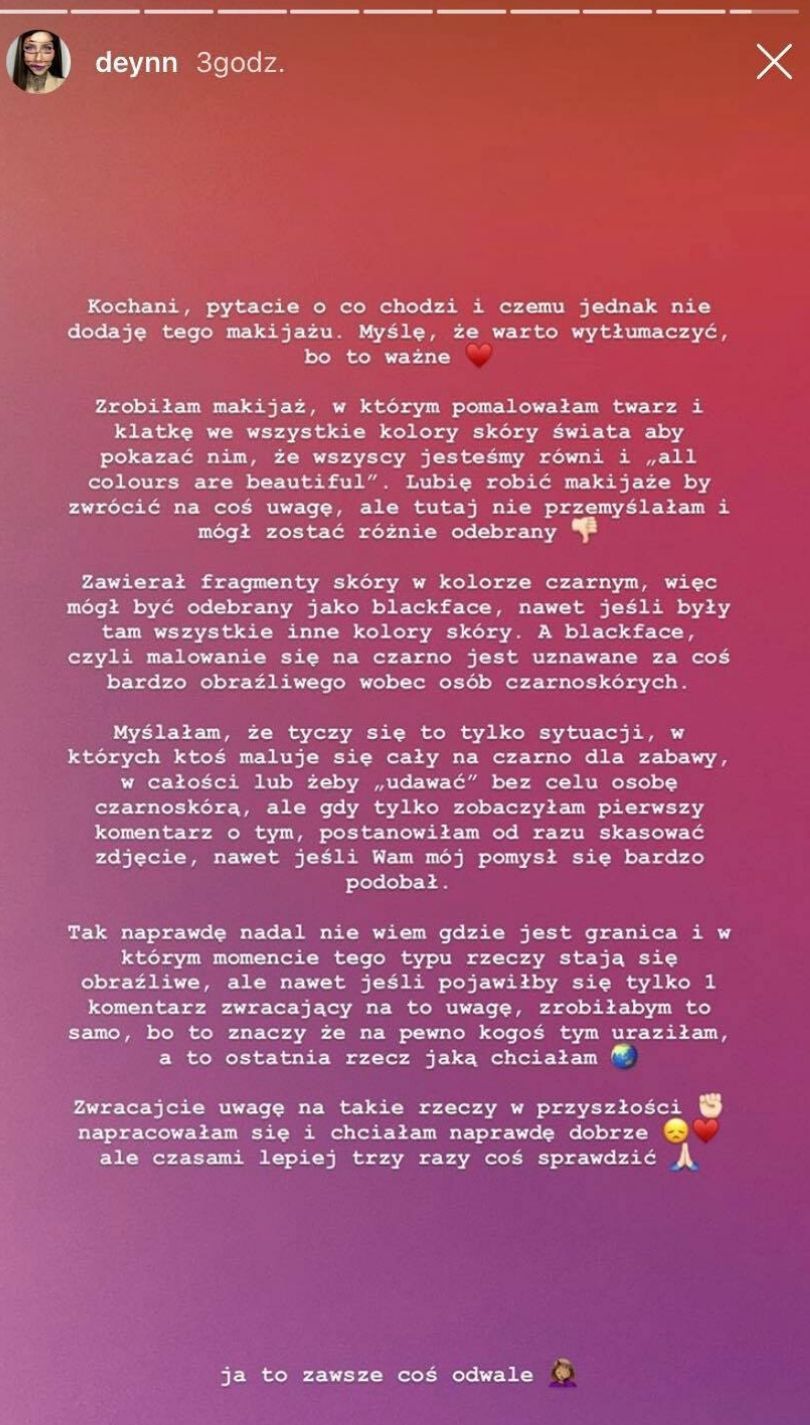 Deynn tłumaczy się z kontrowersyjnego instagramowego wpisu