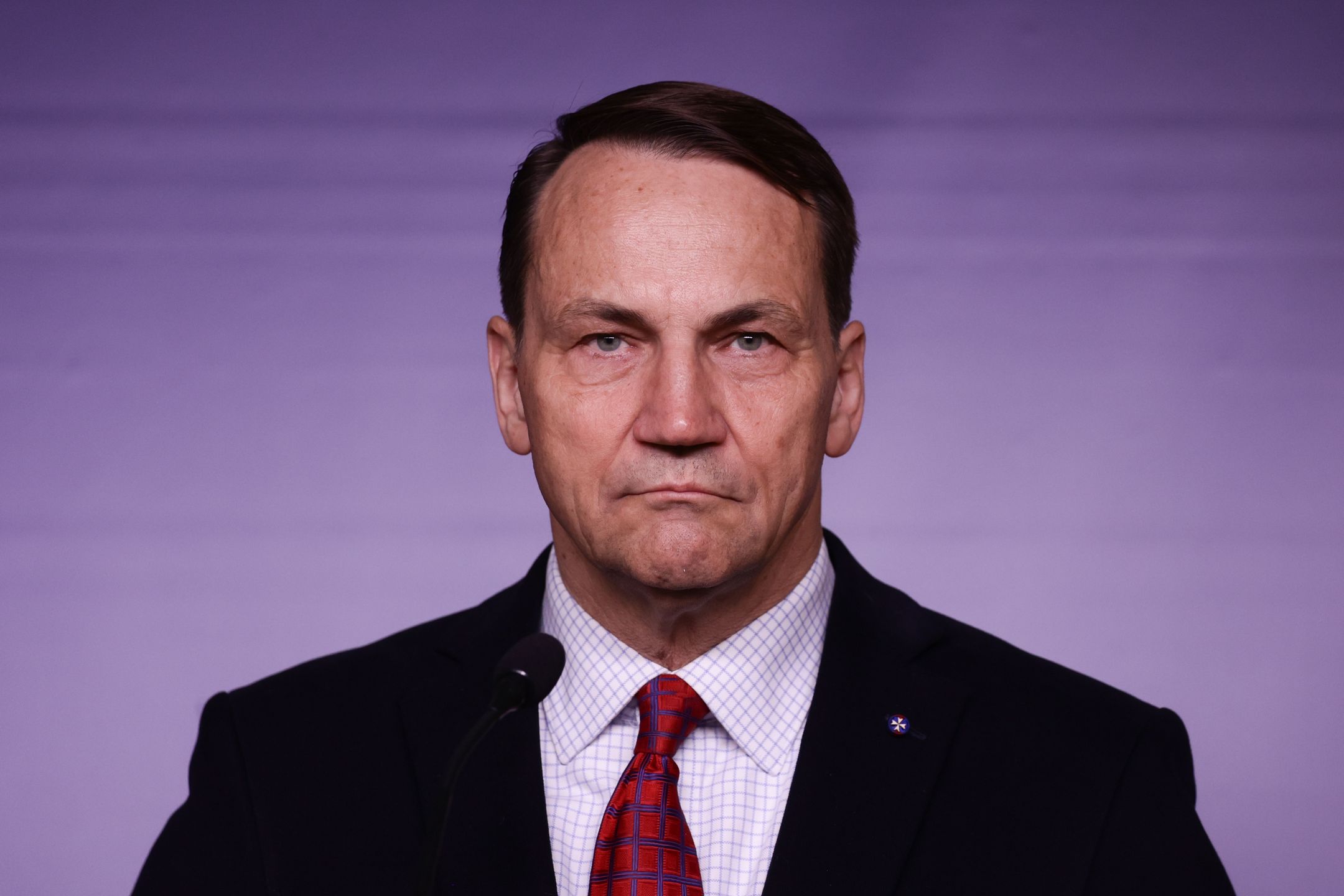 Polish Foreign Affairs Minister Radoslaw Sikorski during the press conference with European Commissioner for Defence Industry and Space Andrius Kubilius in Warsaw, Poland on April 2, 2025. (Photo by Jakub Porzycki/NurPhoto via Getty Images)