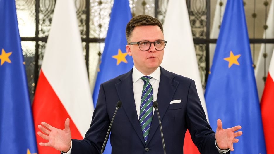 WARSAW, POLAND - 2024/04/24: The Speaker of Polish Parliament, Szymon Holownia speaks at a press conference during the 10th session of Polish Parliament in the Parliament building on Wiejska Street. The parliament discusses controversial issues of the rule of law. (Photo by Dominika Zarzycka/SOPA Images/LightRocket via Getty Images)