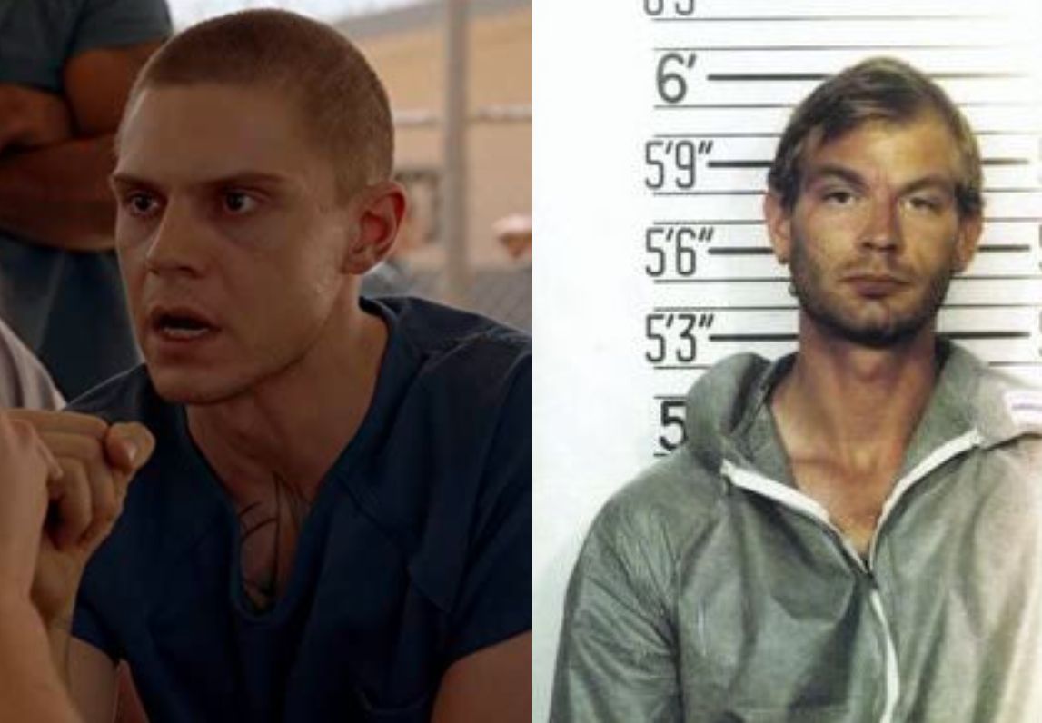 Po lewej Evan Peters w "American Horror Story", po prawej Jeffrey Dahmer po zatrzymaniu w 1991 r.