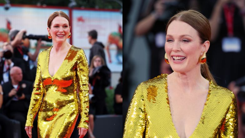 Julianne Moore rozdaje uśmiechy, paradując po czerwonym dywanie w Wenecji w ZŁOTEJ sukni. Skradła show? (ZDJĘCIA)