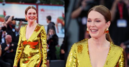 Julianne Moore rozdaje uśmiechy, paradując po czerwonym dywanie w Wenecji w ZŁOTEJ sukni. Skradła show? (ZDJĘCIA)