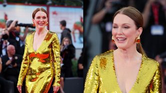 Julianne Moore rozdaje uśmiechy, paradując po czerwonym dywanie w Wenecji w ZŁOTEJ sukni. Skradła show? (ZDJĘCIA)