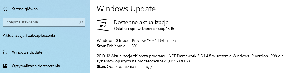 Windows 10 Insider Preview 19041.1 w Windows Update.