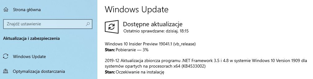 Windows 10 Insider Preview 19041.1 w Windows Update.