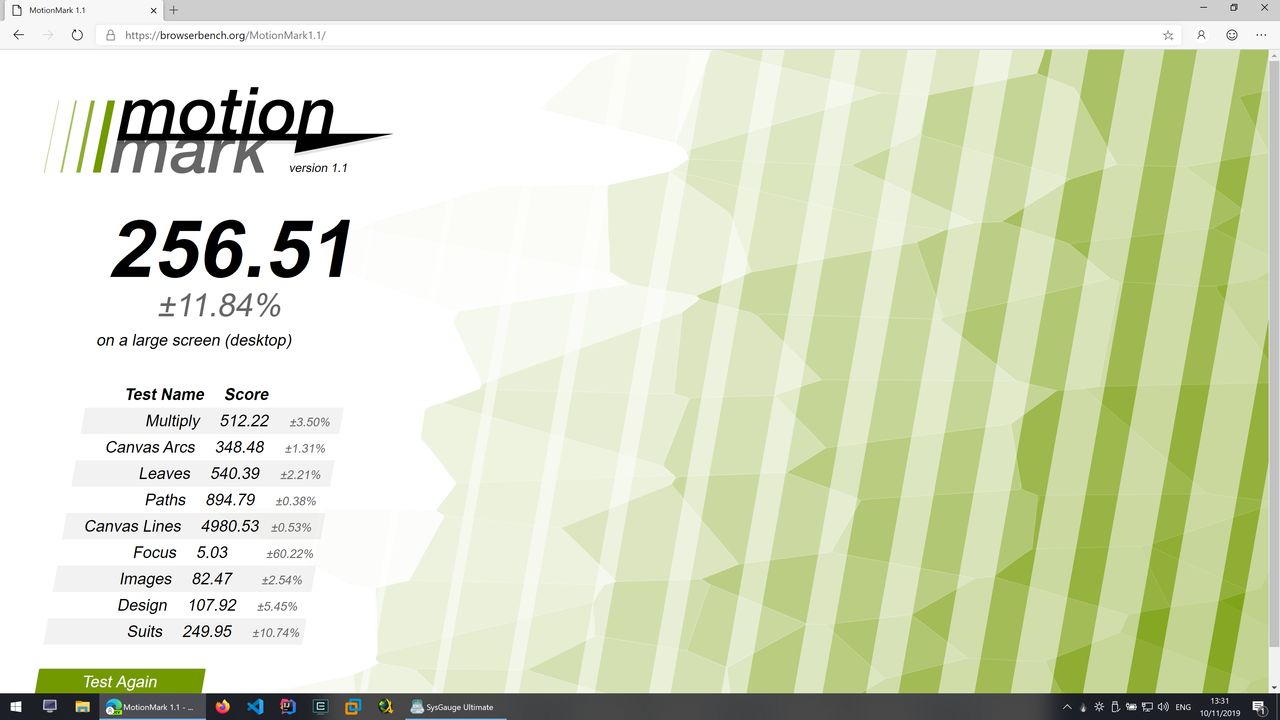 Microsoft Edge Dev - MotioMark - Wynik: 256.51