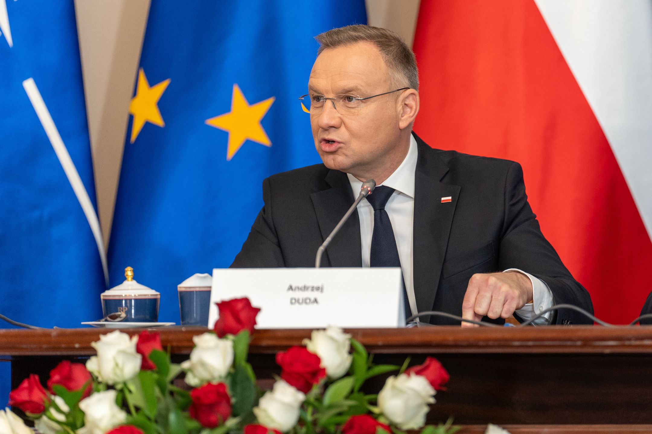 WARSAW, POLAND - 2024/07/08: President Andrzej Duda speaks during a meeting of the national security council. The meeting of the National Security Council convened by President Andrzej Duda began on Monday morning. It takes place before the departure of the Polish delegation to Washington, D.C., for the NATO summit. In the meeting participated, among others, Prime Minister Donald Tusk, Deputy Prime Minister and Minister of National Defense Wladyslaw Kosiniak-Kamysz, Minister of Foreign Affairs Radoslaw Sikorski, Chief of the General Staff General Wieslaw Kukula, Deputy Speakers of the Polish Parliament Wlodzimierz Czarzasty and Piotr Zgorzelski, Speaker of the Senate Malgorzata Kidawa-Blonska, Chairman of the PiS club, former Minister of National Defense Mariusz Blaszczak, Head of the Chancellery of the Prime Minister Jan Grabiec, and Head of the Chancellery of the President Malgorzata Paprocka. (Photo by Marek Antoni Iwanczuk/SOPA Images/LightRocket via Getty Images)