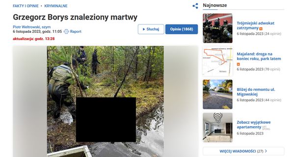Trójmiejski portal opublikował zdjęcia zwłok Grzegorza Borysa. Internauci oburzeni