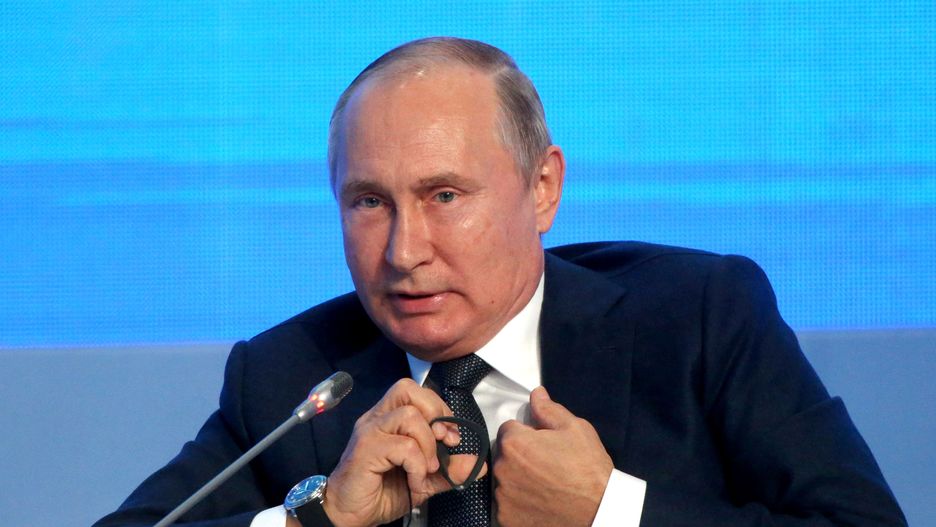 MOSCOW, RUSSIA - OCTOBER, 2: (RUSSIA OUT) Russian President Vladimir Putin speaks during the plenary meeting of the Russian Energy Week at Moscow's Manezh on October 2, 2019 in Moscow, Russia. "Under President Obama, our mutual trade from $30 billion fell down to $20 billion, but in two years of Trump presidency, it rebounded up to 25 billion per annum", Putin said during the plenary meeting.  (Photo by Mikhail Svetlov/ Getty Images)