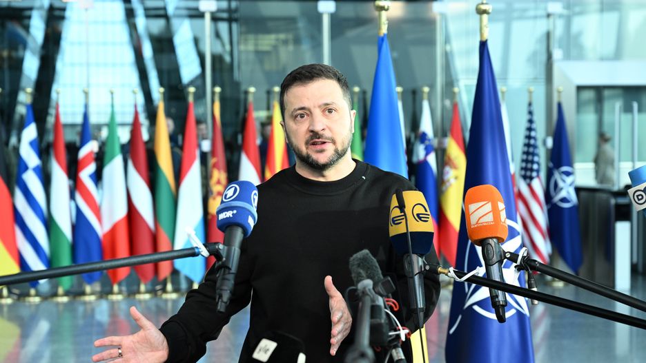 BRUSSELS, BELGIUM - OCTOBER 11: Ukrainian President Volodymyr Zelenskyy makes a speech as he holds a joint press conference with NATO Secretary General Jens Stoltenberg (not seen) prior to the NATO Defense Ministers Meeting at the NATO's headquarters in Brussels, Belgium on October 11, 2023. (Photo by Dursun Aydemir/Anadolu via Getty Images)