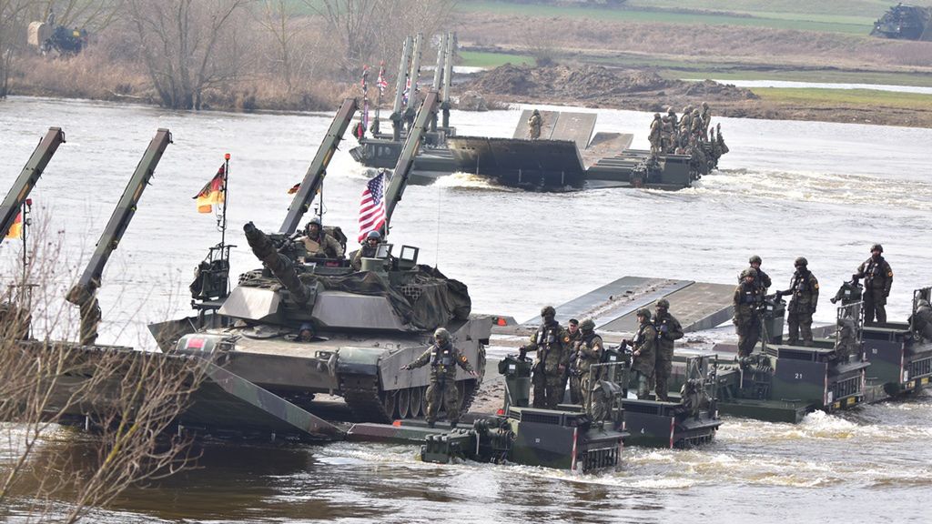 M1A2 Abrams tank on a ferry made of four M3 vehicles