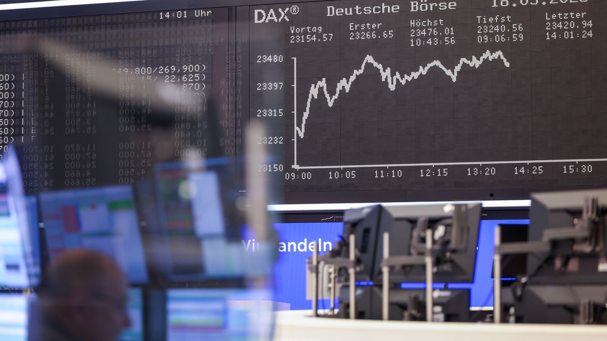 The DAX Index yield curve displayed on a screen at the Frankfurt Stock Exchange, in Frankfurt, Germany, on Tuesday, March 18, 2025. European stocks and the euro rose ahead of a German parliamentary vote that is expected to sign off on a spending program worth hundreds of billions of euros. Photographer: Alex Kraus/Bloomberg via Getty Images