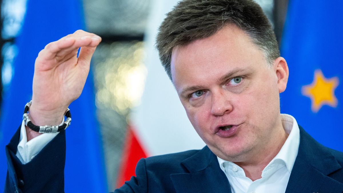 Szymon Holownia, Speaker of the Polish Parliament during a press conference at the Polish Parliament  in Warsaw, Poland, on November 19, 2024. (Photo by Andrzej Iwanczuk/NurPhoto via Getty Images)