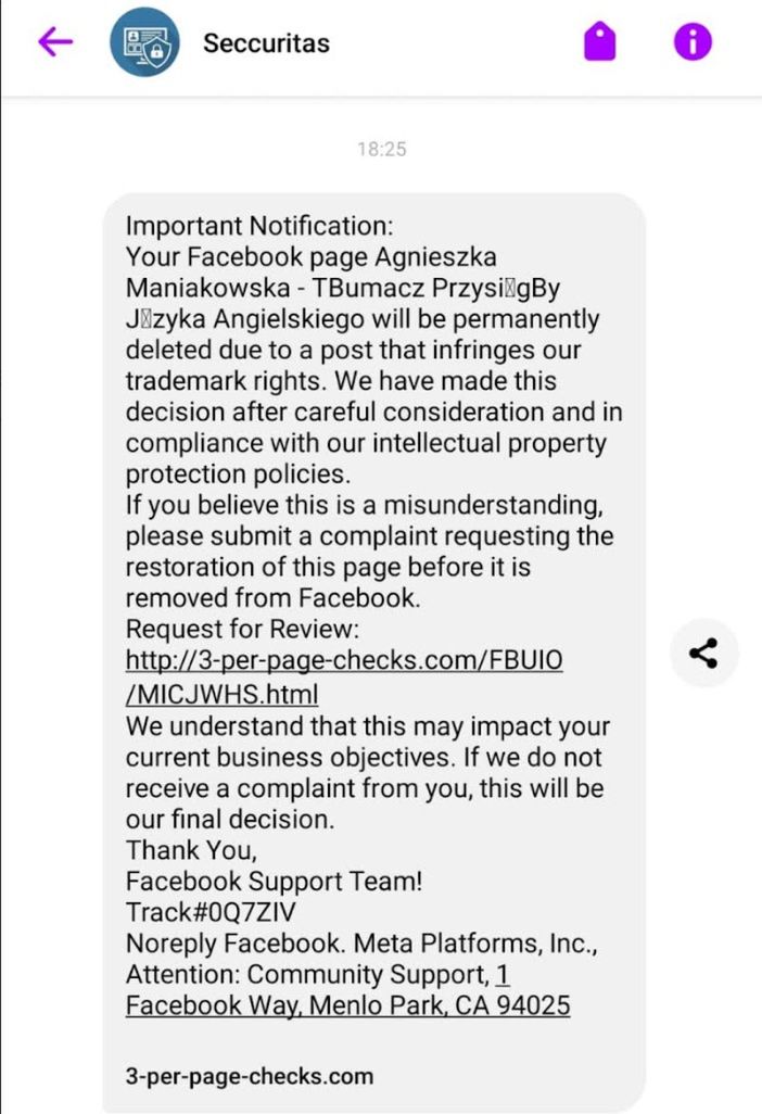 Przykładowa fałszywa rozmowa z Facebooka