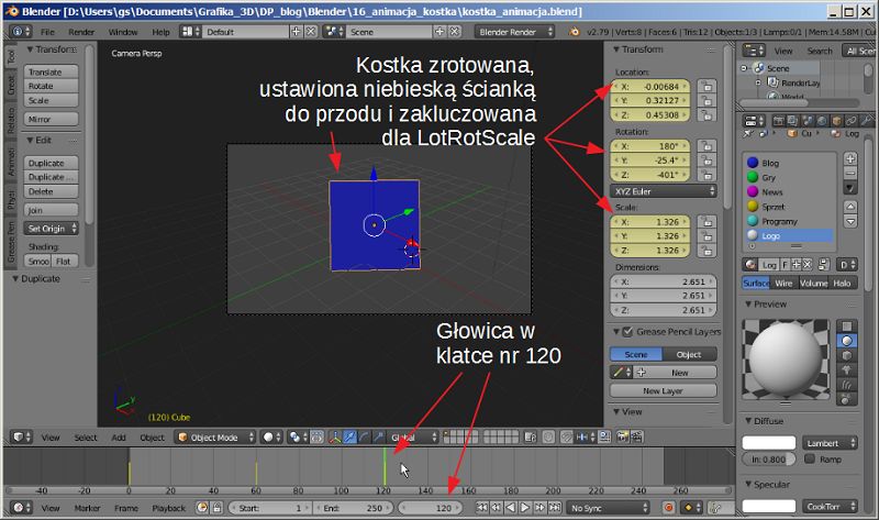 Zakluczowane Location, Rotaton, Scale w 120 klatce po dokonaniu transformacji