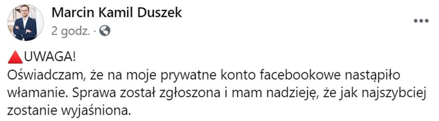 Poseł Marcin Duszek tłumaczy się z afery na jego profilu