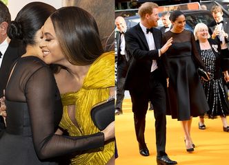 Meghan Markle w stylizacji za 27 TYSIĘCY ZŁOTYCH przytula się do Beyonce na premierze "Króla Lwa" (FOTO)