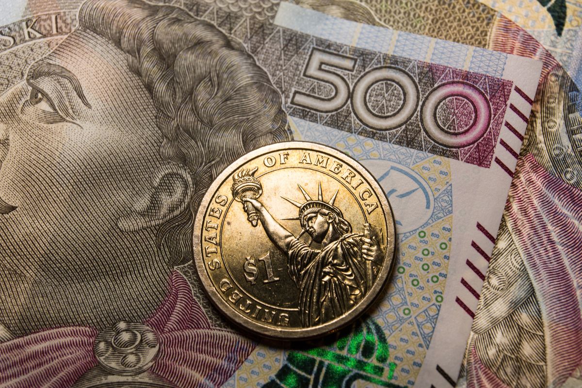 POLAND - 2022/03/09: In this photo illustration, a reverse of the United States 1 dollar coin with Statue of Liberty and Polish 500 zloty banknote are seen displayed. (Photo Illustration by Karol Serewis/SOPA Images/LightRocket via Getty Images)