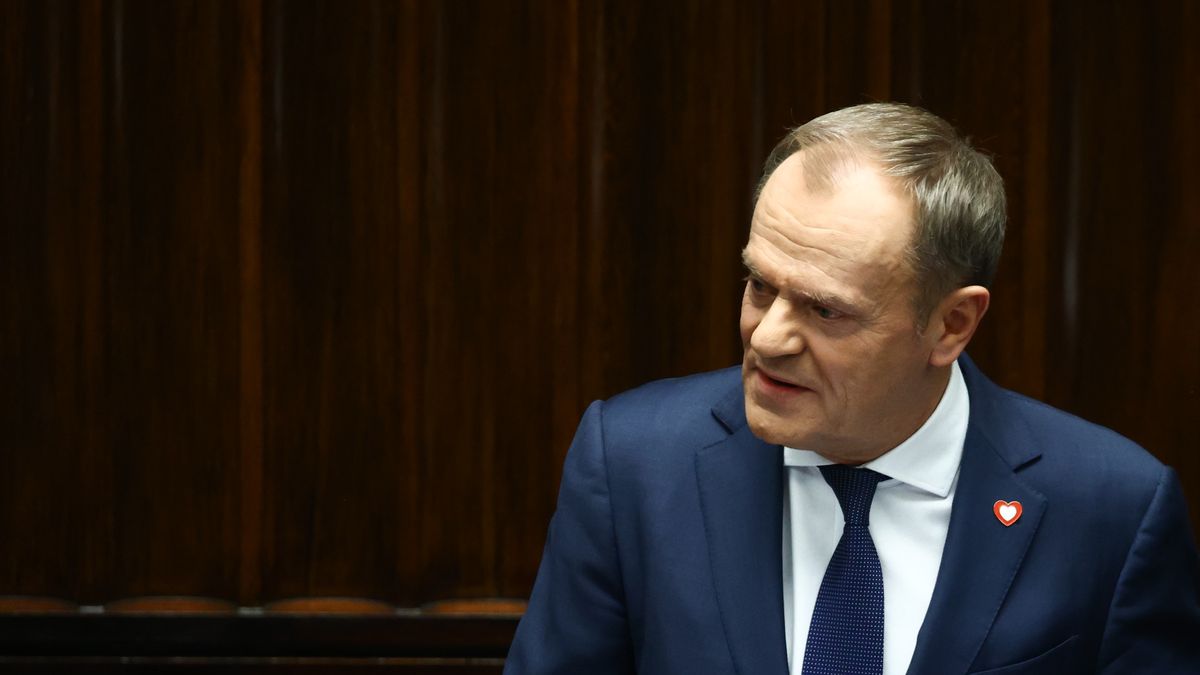 Leader of Civic Platform Donald Tusk delivers his programme speech as Prime Minister at Polish Parliament in Warsaw, Poland on December 12, 2023. (Photo by Jakub Porzycki/NurPhoto via Getty Images)
