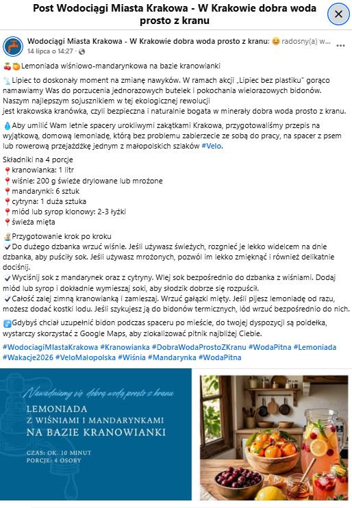 Screen Facebook Wodociągi Miasta Krakowa