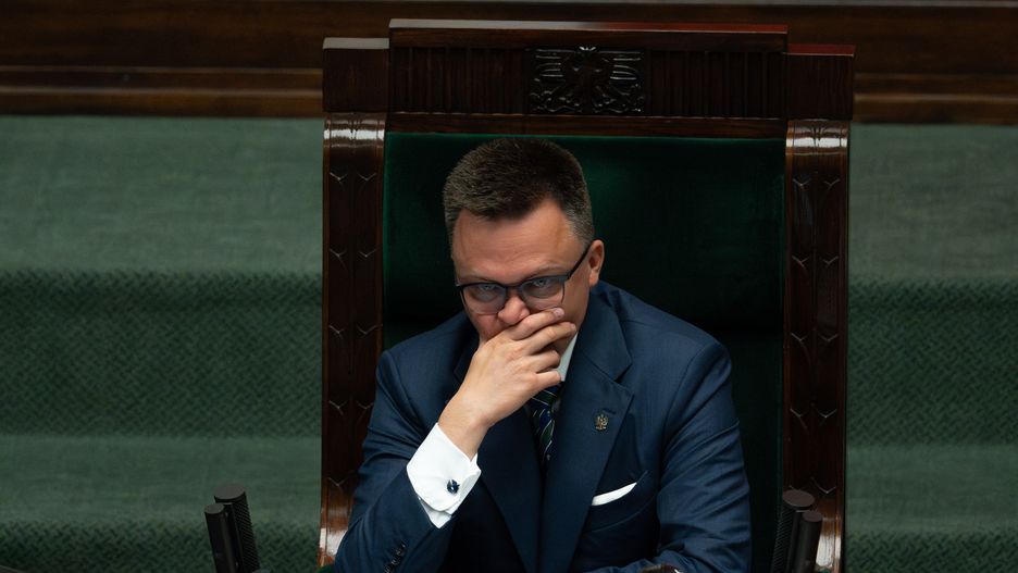 WARSAW, POLAND - 2025/06/11: Szymon Holownia, Marshal of the Sejm of the, Republic of Poland seen during day of parliamentary session. During the 36th session of the Polish Sejm, Prime Minister Donald Tusk outlines his government's program in a policy address, followed by a parliamentary debate ahead of the vote of confidence in his administration. (Photo by Marek Antoni Iwanczuk/SOPA Images/LightRocket via Getty Images)