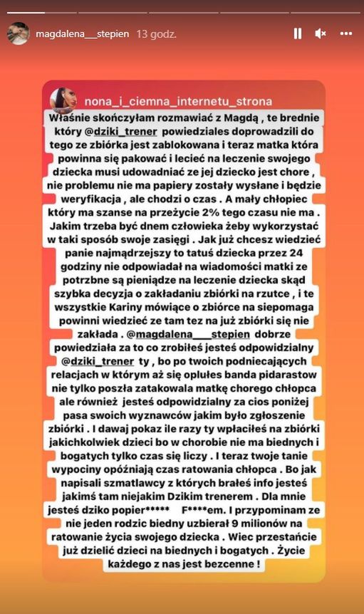 Magda Stępień pokazała wpis koleżanki, która oskarżyła Dzikiego Trenera o opóźnianie leczenia Oliwiera