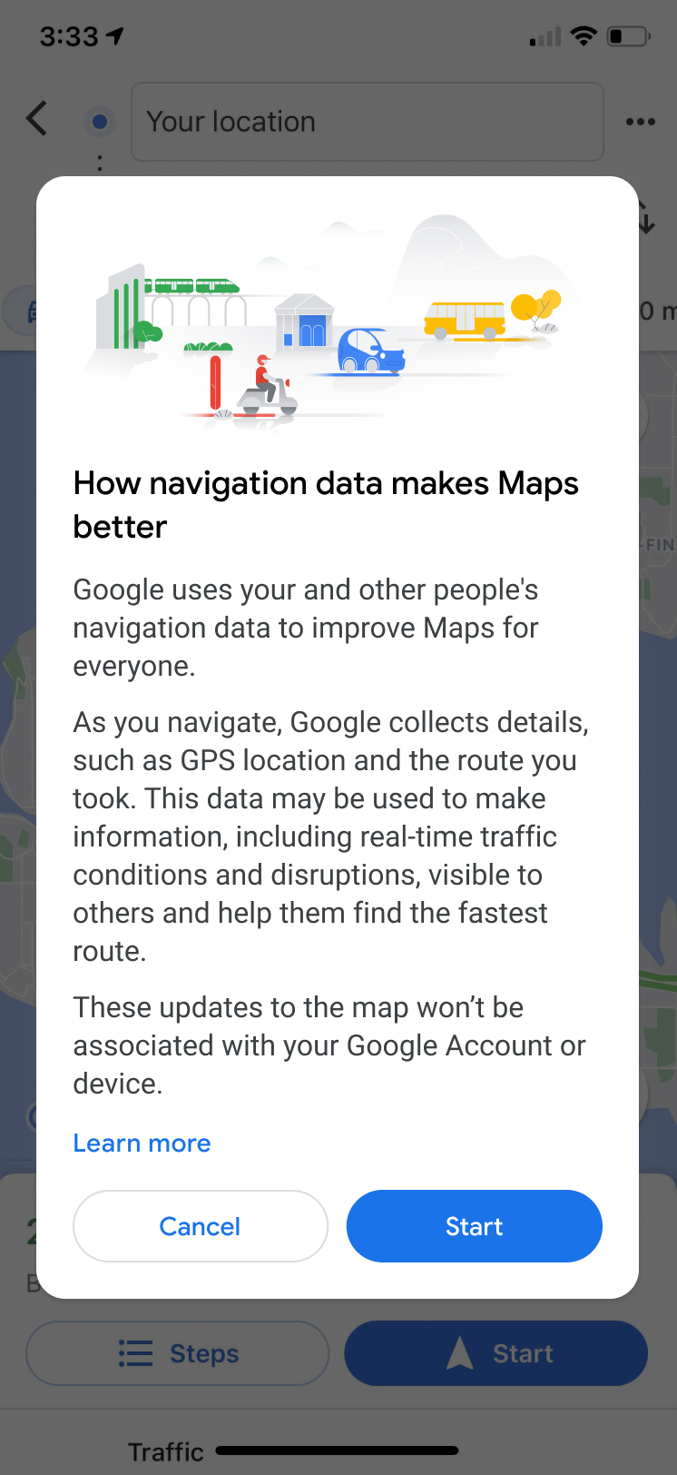 Komunikat o konieczności udostępnienia danych w Mapach Google