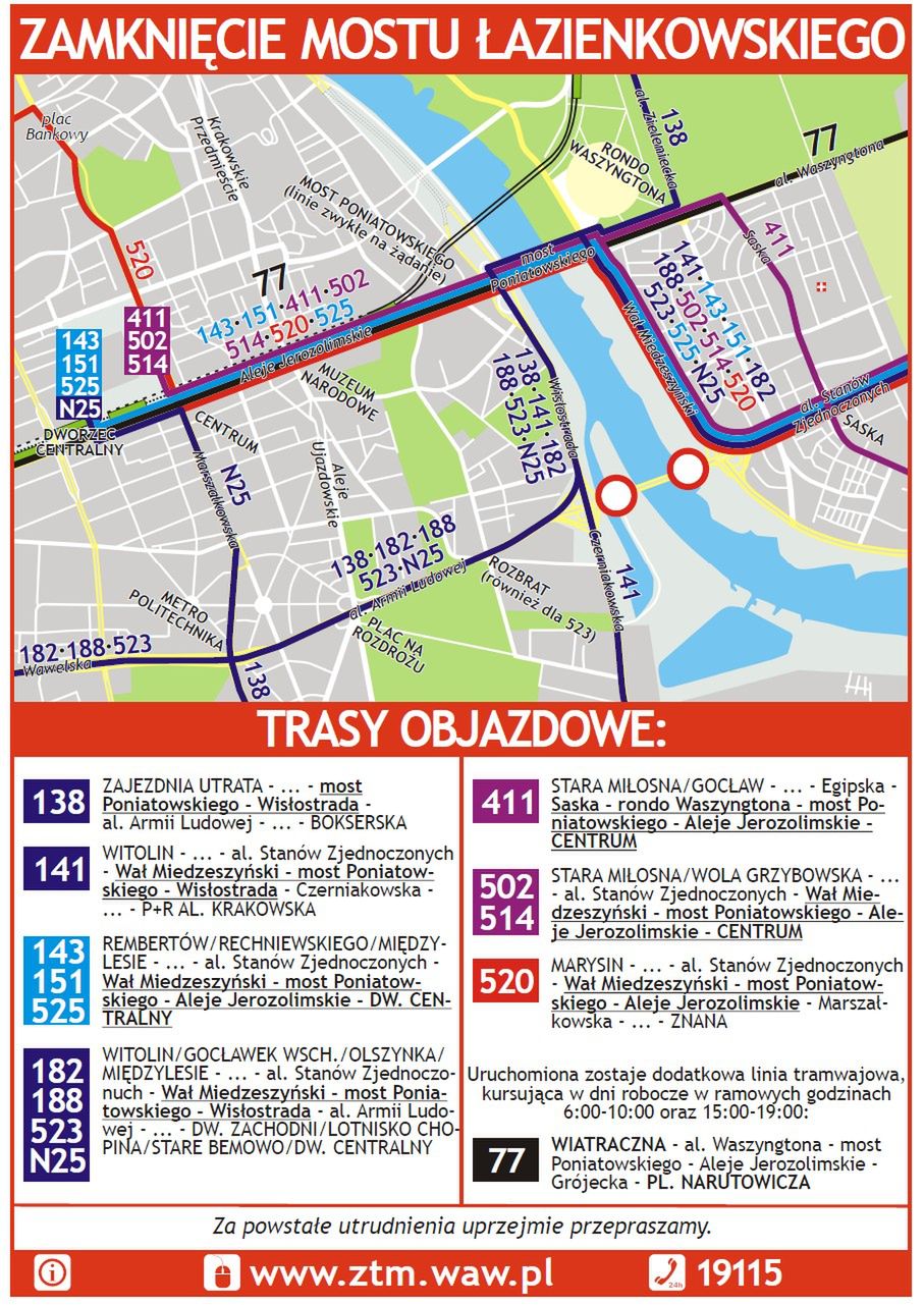 Zamknięty most Łazienkowski – zmiany w komunikacji [MAPA]