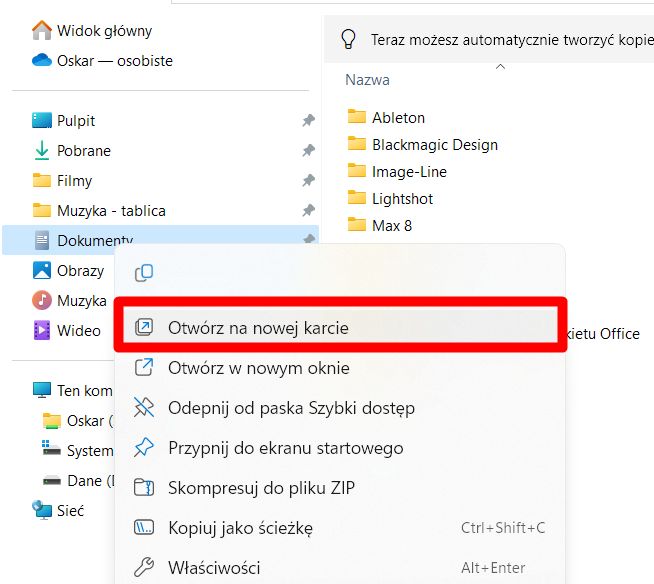 Menu kontekstowe w eksploratorze plików w Windows 11