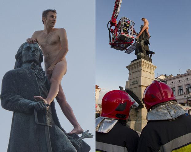 Nagi mężczyzna wszedł na pomnik Kościuszki! (FOTO)