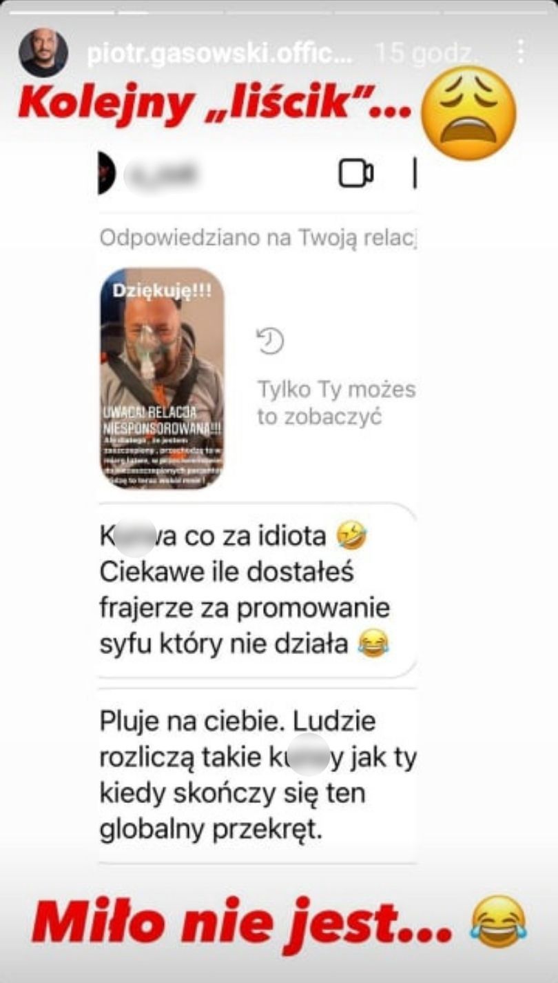 Piotr Gąsowski pokazuje kolejną porcję wiadomości od hejterów