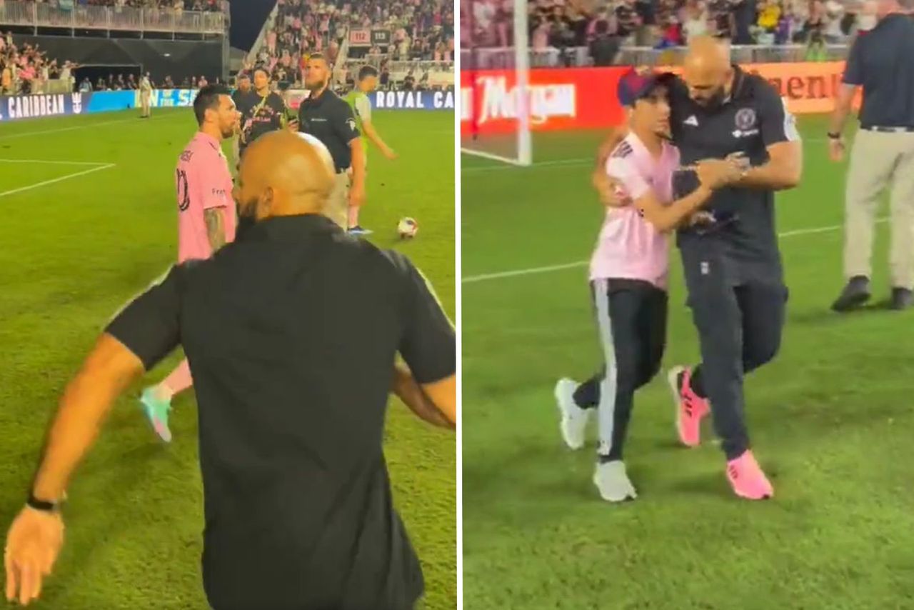 Messi's security guard catches a teenage fan.