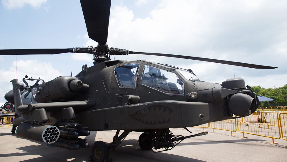 A US Air Force AH-64E Apache multi-role combat helicopter, manufactured by Boeing Co., on display during the Singapore Airshow in Singapore, on Wednesday, Feb. 21, 2024. The Singapore Airshow is Asia's most influential aerospace and defense exhibition. Photographer: Ore Huiying/Bloomberg via Getty Images