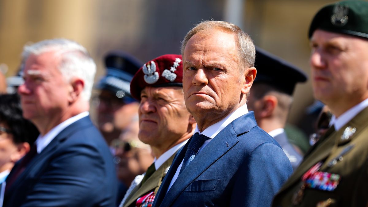 Prime Minister Donald Tusk is participating in celebrations marking the 80th anniversary of the Battle of Monte Cassino at the Main Square in Krakow, Poland, on May 18, 2024. On the occasion of the 80th anniversary of the Battle of Monte Cassino, one of the bloodiest battles fought by Allied troops against the forces of the Third Reich during World War II, celebrations are being held on the Main Square with the participation of Prime Minister Donald Tusk and Minister of National Defense Wladyslaw Kosiniak-Kamysz. The Minister is announcing the establishment of the 2nd Polish Corps Day. The ceremony is being attended by the army, which is marching through the streets of the city. There is also a military picnic on Blonia, where military vehicles are being presented. (Photo by Klaudia Radecka/NurPhoto via Getty Images)