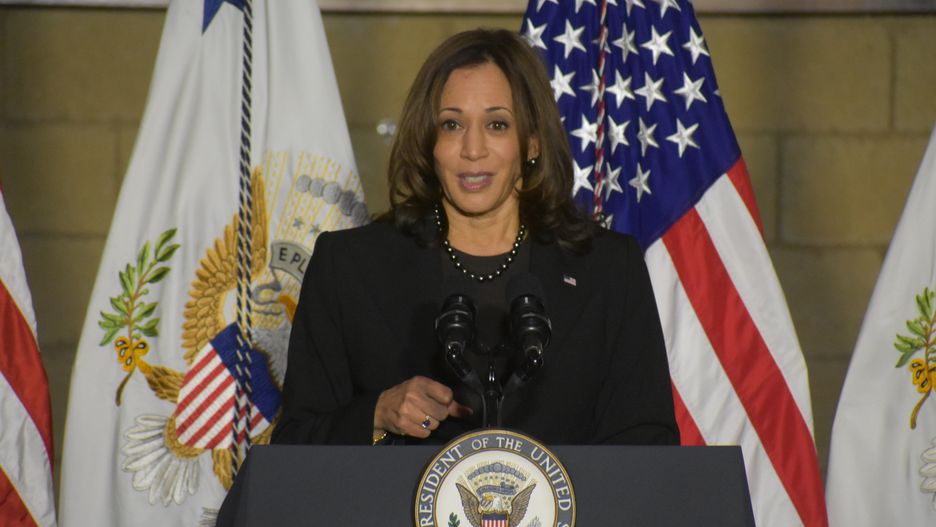 COLUMBUS, OHIO, USA - NOVEMBER 19: Vice President of the United States Kamala Harris delivers remarks at the Plumbers and Pipefitters Local 189 union hall in Columbus, Ohio on November 19, 2021 (Photo by Kyle Mazza/Anadolu Agency via Getty Images)