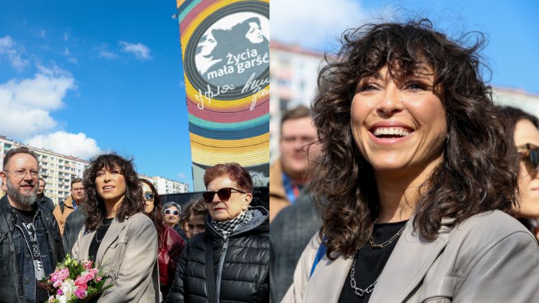 Natalia Kukulska z mężem na odsłonięciu muralu Anny Jantar i Jarosława Kukulskiego