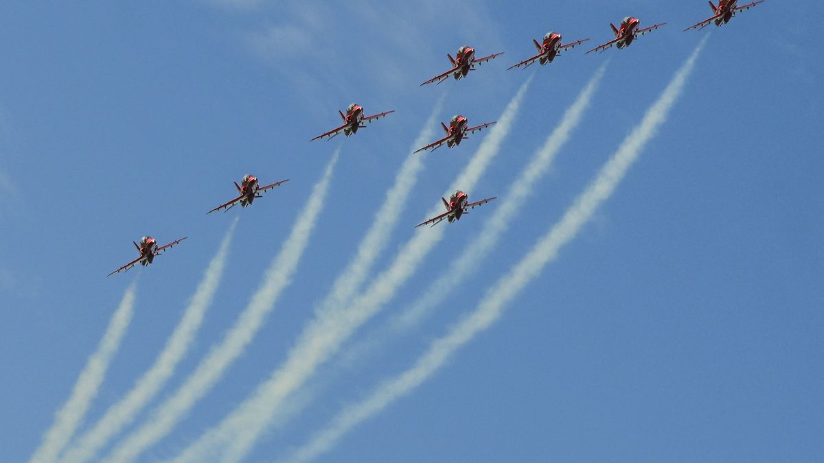 MOSNOV, CZECH REPUBLIC  SEPTEMBER 21:The Red Arrows of the Royal Air Force perform on day two of NATO Days in Ostrava and Czech Air Force Days in Mosnov, Czech Republic on September 21, 2025. The show, Europe's largest security and military exhibition held at Leos Janacek Airport, is celebrating its 25th edition with around 17 participating countries. (Photo by Artur Widak/NurPhoto via Getty Images)