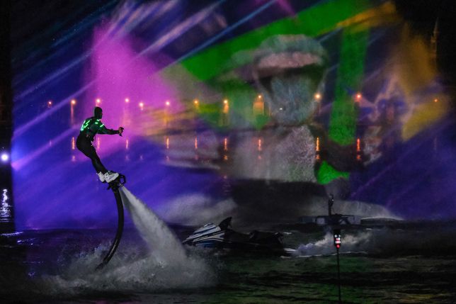 VENICE, ITALY - FEBRUARY 10: Artist performs with jetpack during the "Original Signs" show at the Venice Carnival, organized by VelaSpa, at Arsenale on February 10, 2023 in Venice, Italy. The Venice Carnival 2023, titled "Take Your Time for the Original Signs," began on February 4th and ends on February 21st. (Photo by Stefano Mazzola/Getty Images)