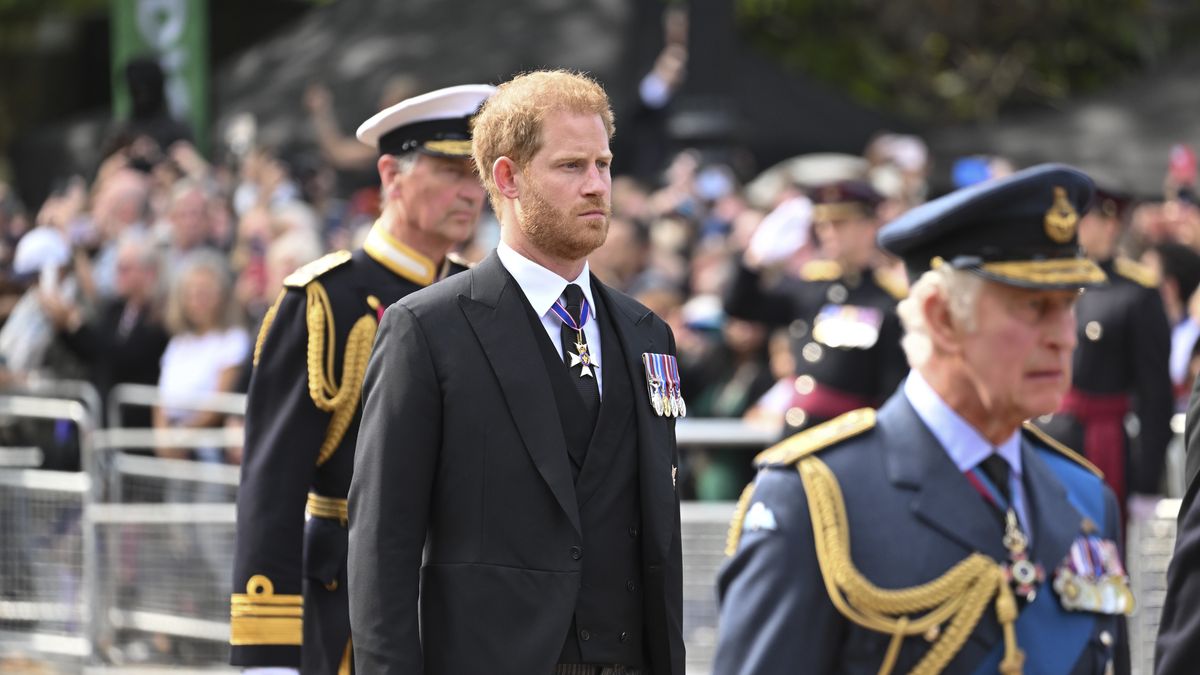 The Coffin Carrying Queen Elizabeth II Is Transferred From Buckingham Palace To The Palace Of Westminster
LONDON, ENGLAND - SEPTEMBER 14: Sir Timothy Laurence, Prince Harry, Duke of Sussex and King Charles III walk behind the coffin during the procession for the Lying-in State of Queen Elizabeth II on September 14, 2022 in London, England. Queen Elizabeth II's coffin is taken in procession on a Gun Carriage of The King's Troop Royal Horse Artillery from Buckingham Palace to Westminster Hall where she will lay in state until the early morning of her funeral. Queen Elizabeth II died at Balmoral Castle in Scotland on September 8, 2022, and is succeeded by her eldest son, King Charles III.  (Photo by Karwai Tang/WireImage)
Karwai Tang
bestof, topix