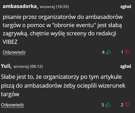 Ambasadorzy twierdzi, że organizatorzy prosili o pomoc w obronie eventu