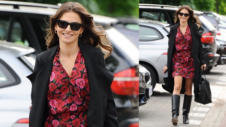 Anna Lewandowska w kwiecistej sukience podąża ulicami Warszawy