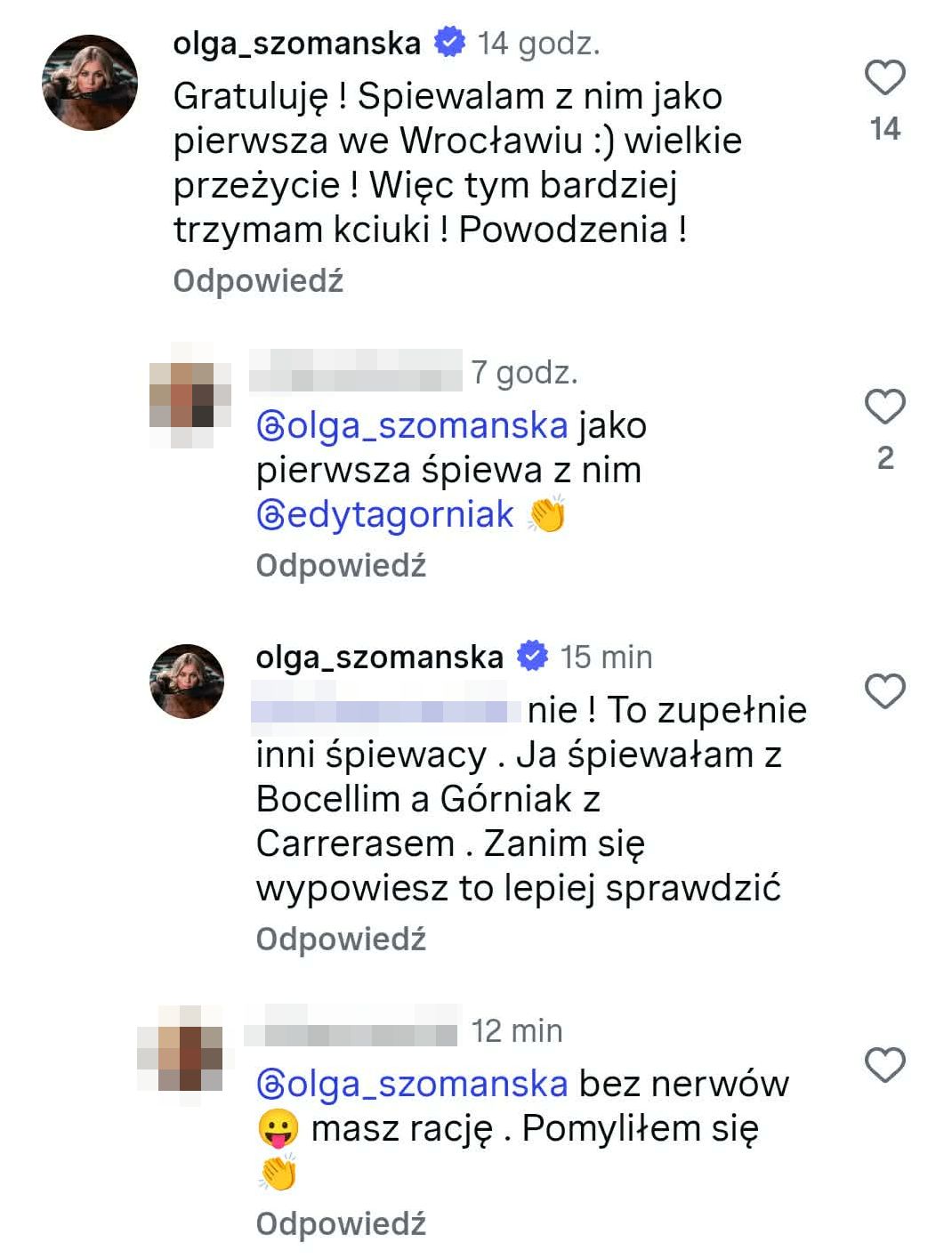 Olga Szomańska komentuje post Julii i wchodzi w dyskusję